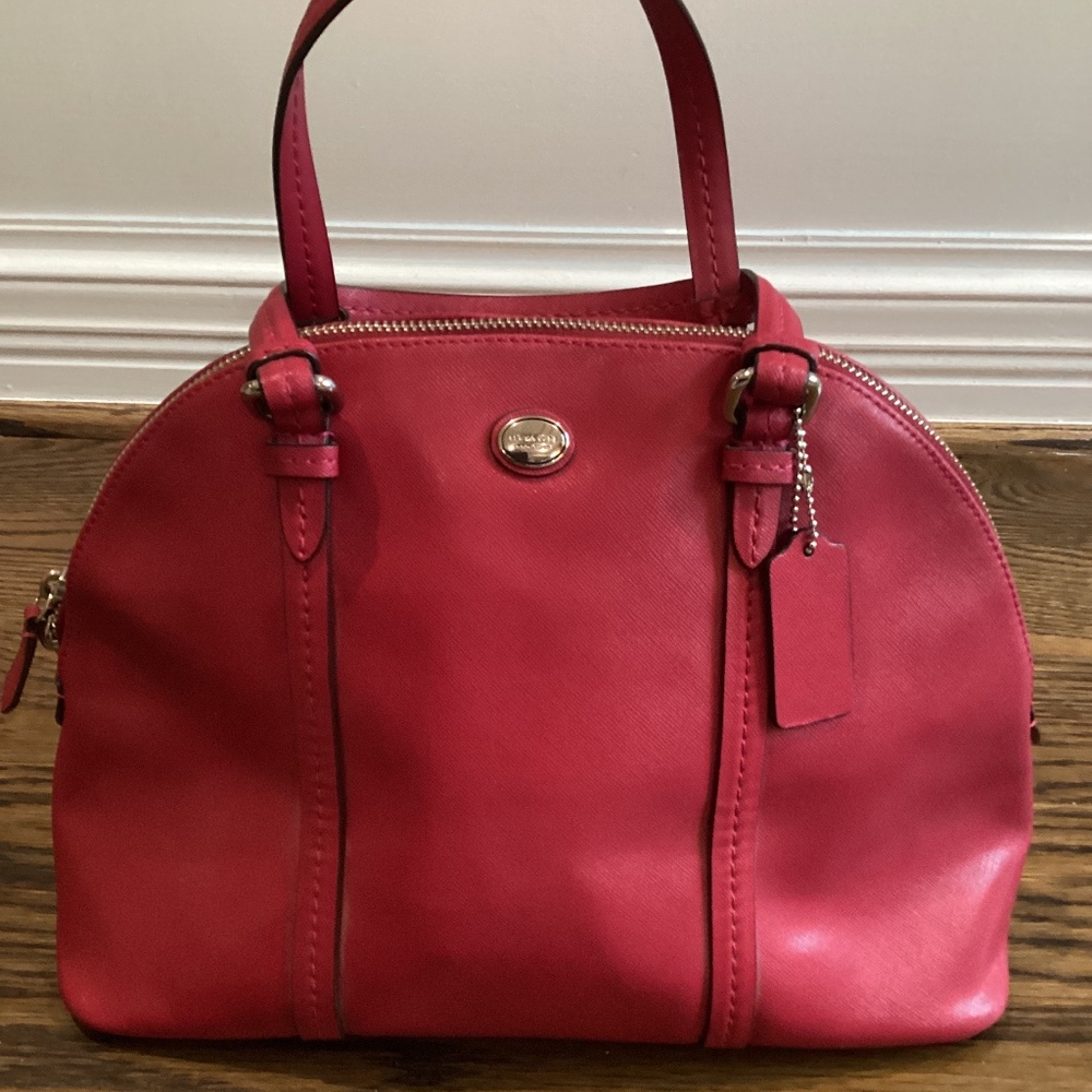 Red leather coach purse with handle and shoulder strap